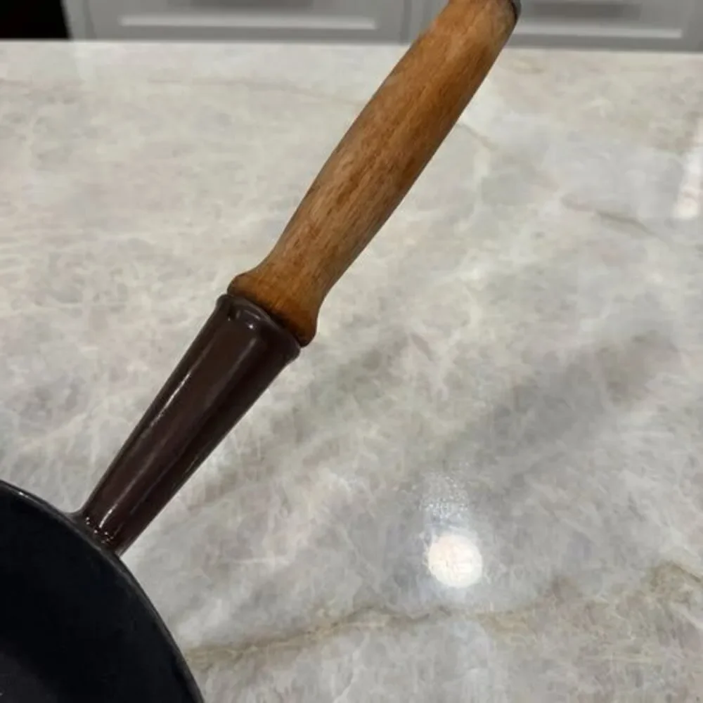 Vintage Le Creuset #24 Brown Cast Iron Enamel Wood Handle Skillet Fry Pan